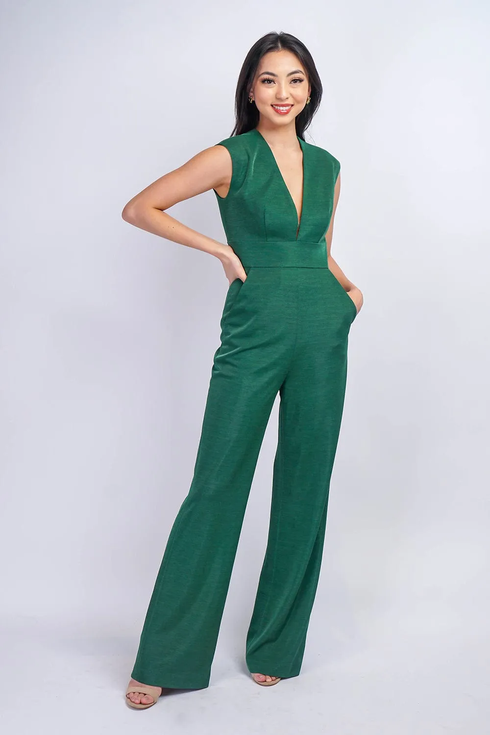 Emerald Luxe Sheen V Neck Aiden Jumpsuit