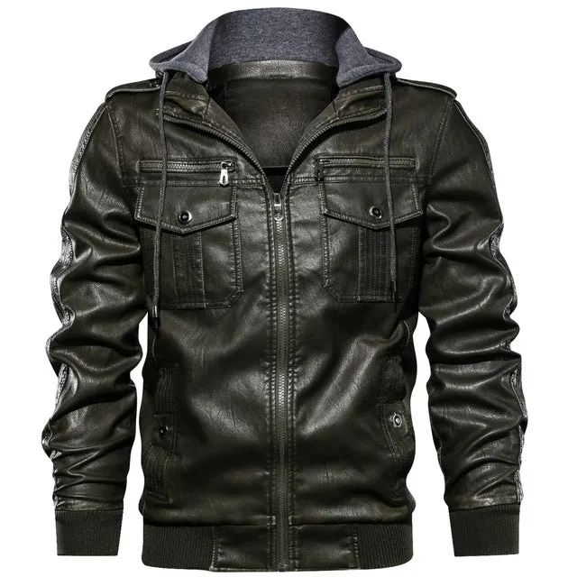 European size S-2XL Luxury Men PU Military Leather Jacket Hooded Motorcycle PU Leather Jackets Coats Male Jaqueta Couro