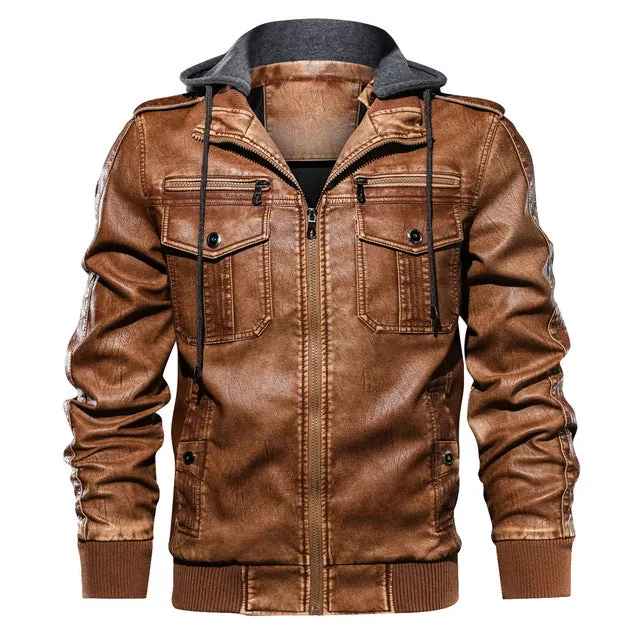 European size S-2XL Luxury Men PU Military Leather Jacket Hooded Motorcycle PU Leather Jackets Coats Male Jaqueta Couro