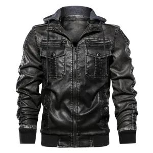 European size S-2XL Luxury Men PU Military Leather Jacket Hooded Motorcycle PU Leather Jackets Coats Male Jaqueta Couro