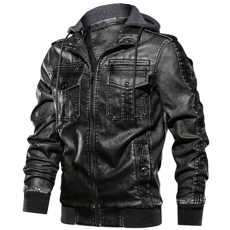 European size S-2XL Luxury Men PU Military Leather Jacket Hooded Motorcycle PU Leather Jackets Coats Male Jaqueta Couro