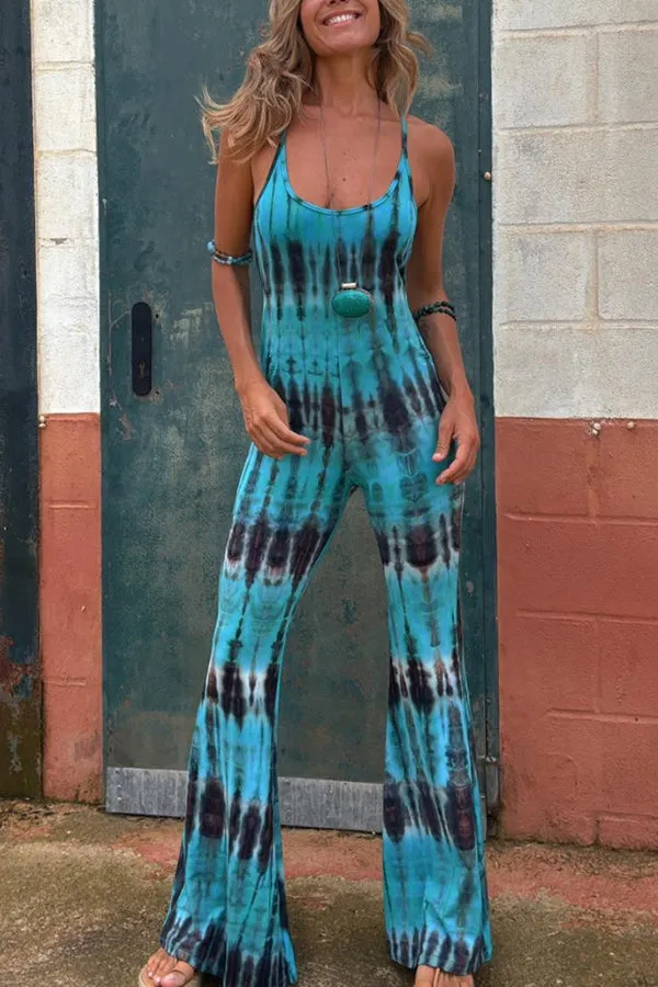 Exclusive Style Tie-dye Print Backless Tie-up Stretch Flared Jumpsuit