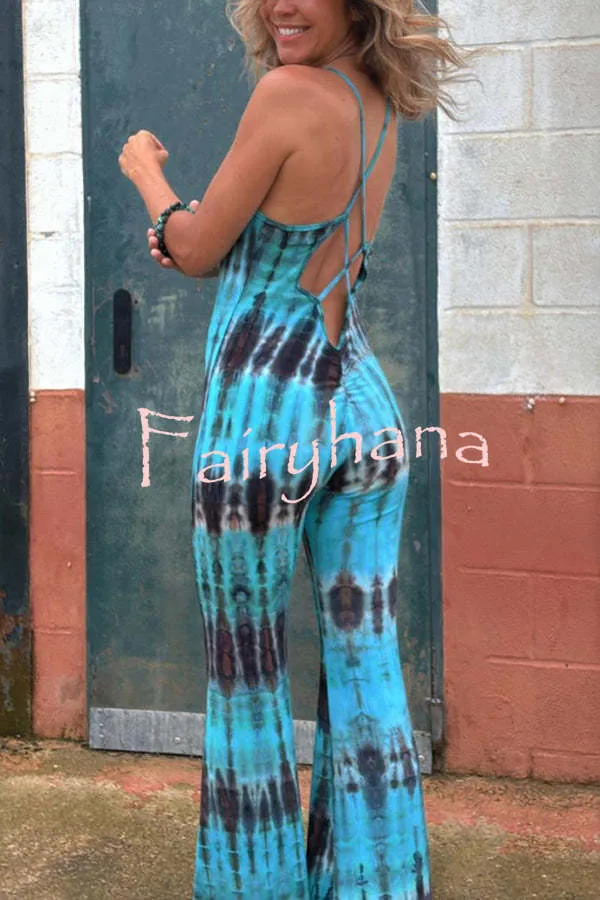 Exclusive Style Tie-dye Print Backless Tie-up Stretch Flared Jumpsuit