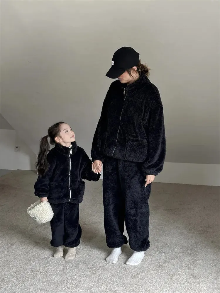 Family Matching Fleece Loungewear Sets  Cozy Two-Piece Pajamas for Mom and Kids