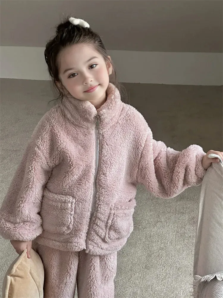 Family Matching Fleece Loungewear Sets  Cozy Two-Piece Pajamas for Mom and Kids