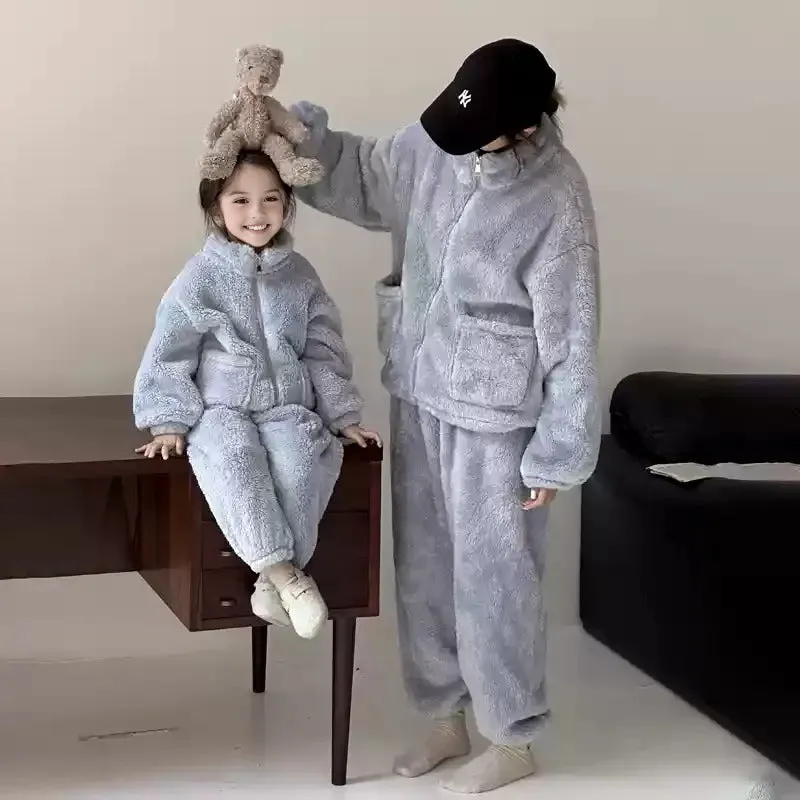 Family Matching Fleece Loungewear Sets  Cozy Two-Piece Pajamas for Mom and Kids