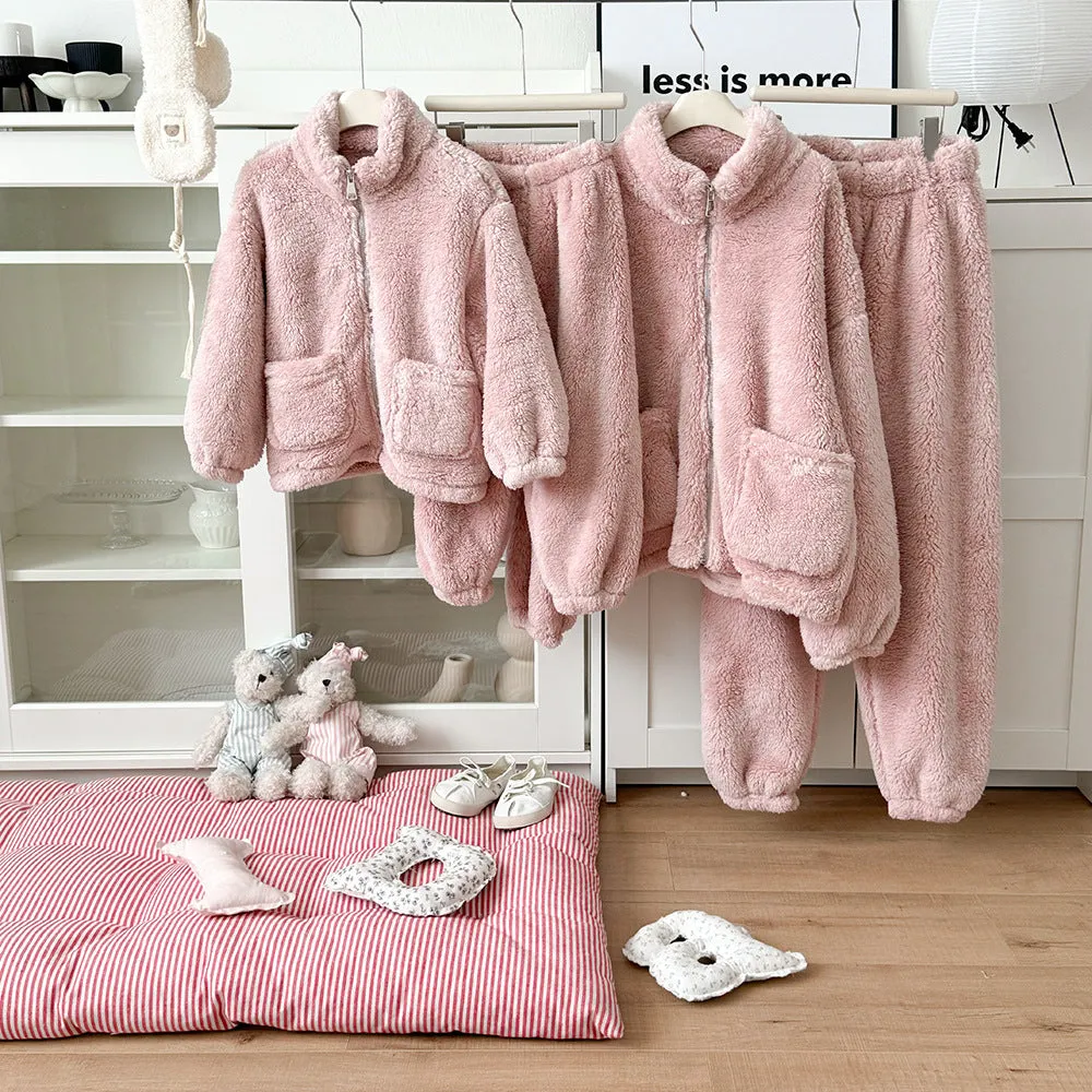 Family Matching Fleece Loungewear Sets  Cozy Two-Piece Pajamas for Mom and Kids