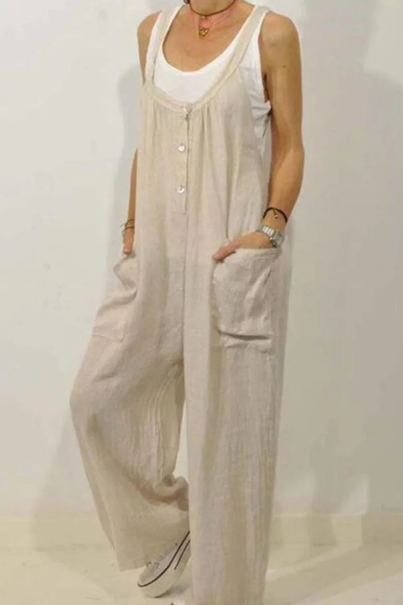 Fashion Casual Solid Pocket Spaghetti Strap Loose Jumpsuits