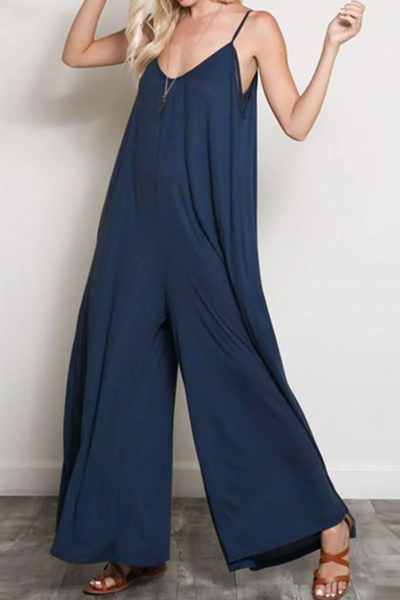 Fashion Street Solid Patchwork V Neck Loose Jumpsuits