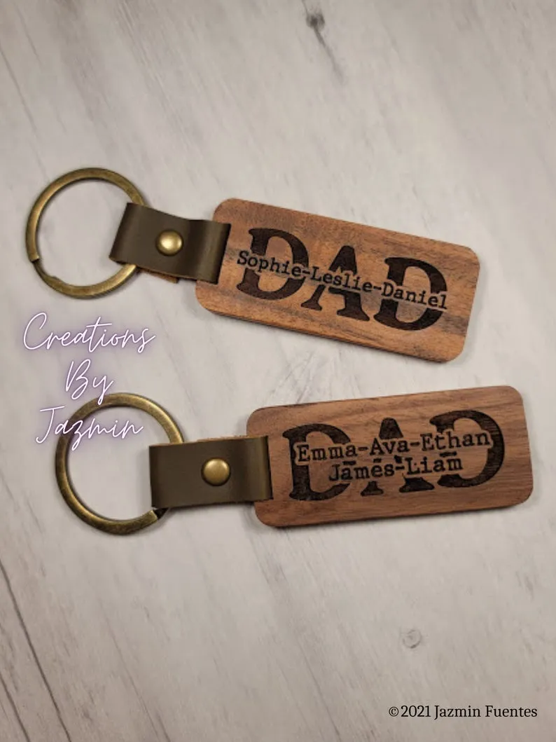 Father's Day Gift, Personalized Wood Dad Keychain With Children Names, Father Custom Keychains