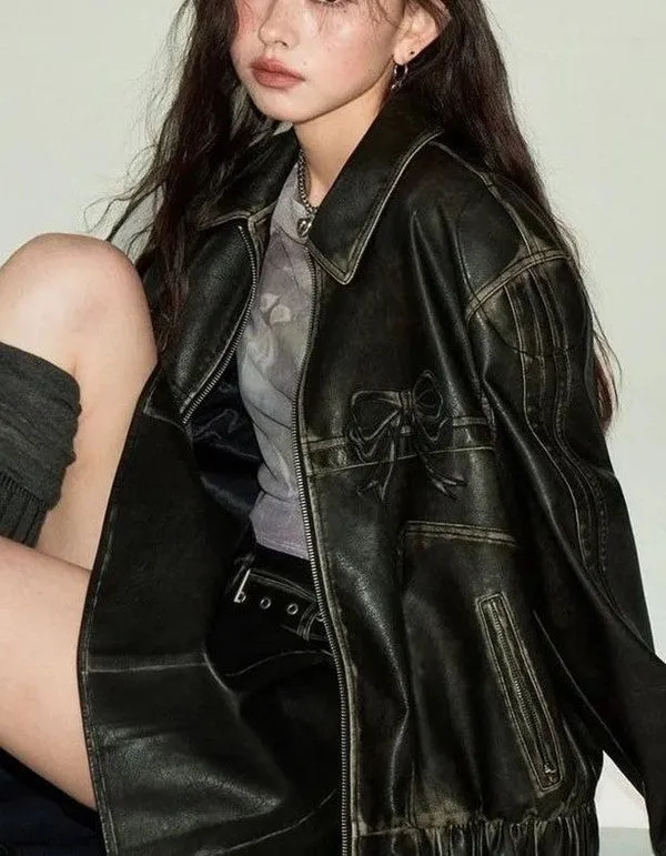 Faux Leather Bow Jacket