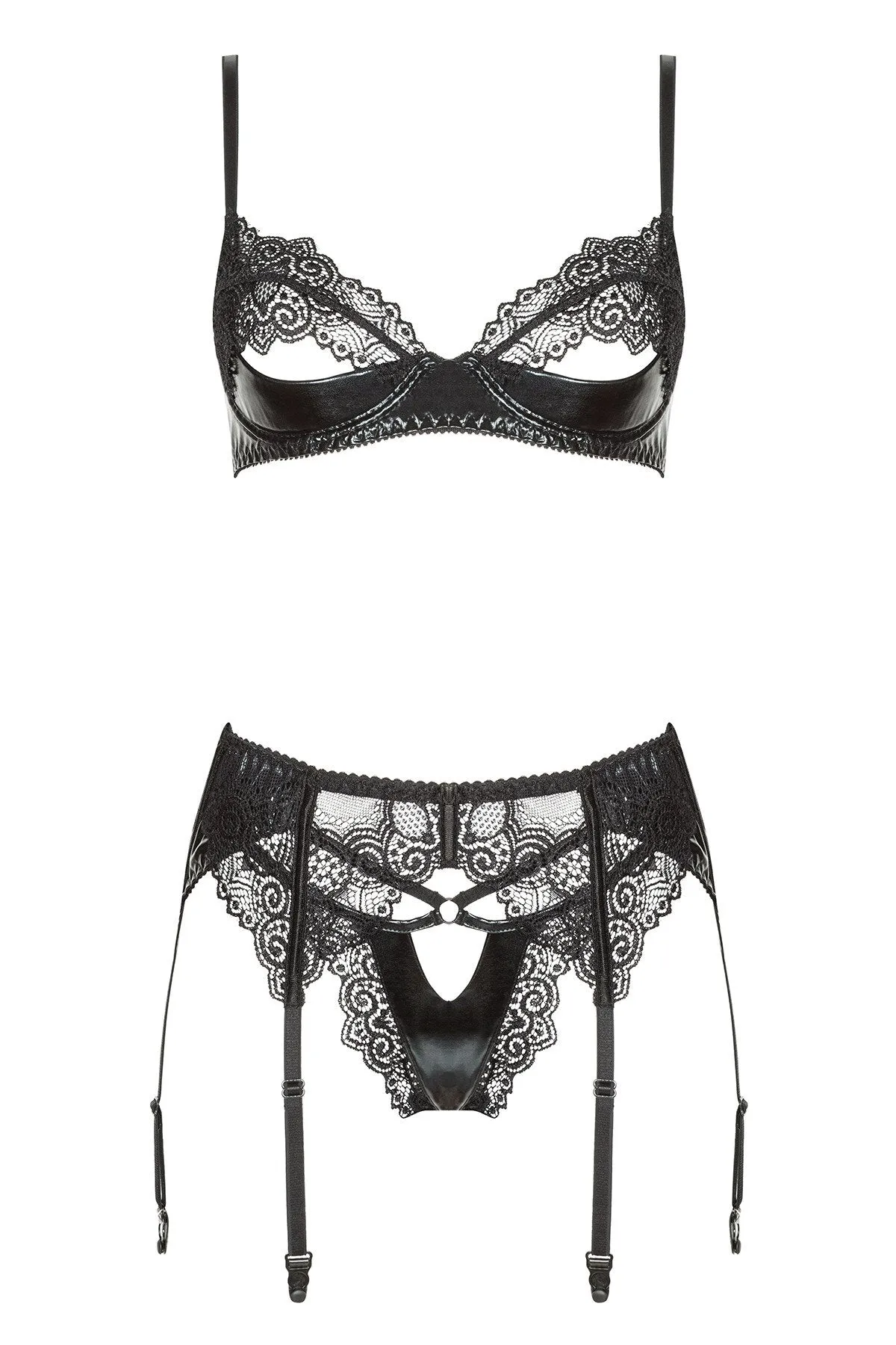 Faux Leather Bra & Garter Belt 3 Piece Set
