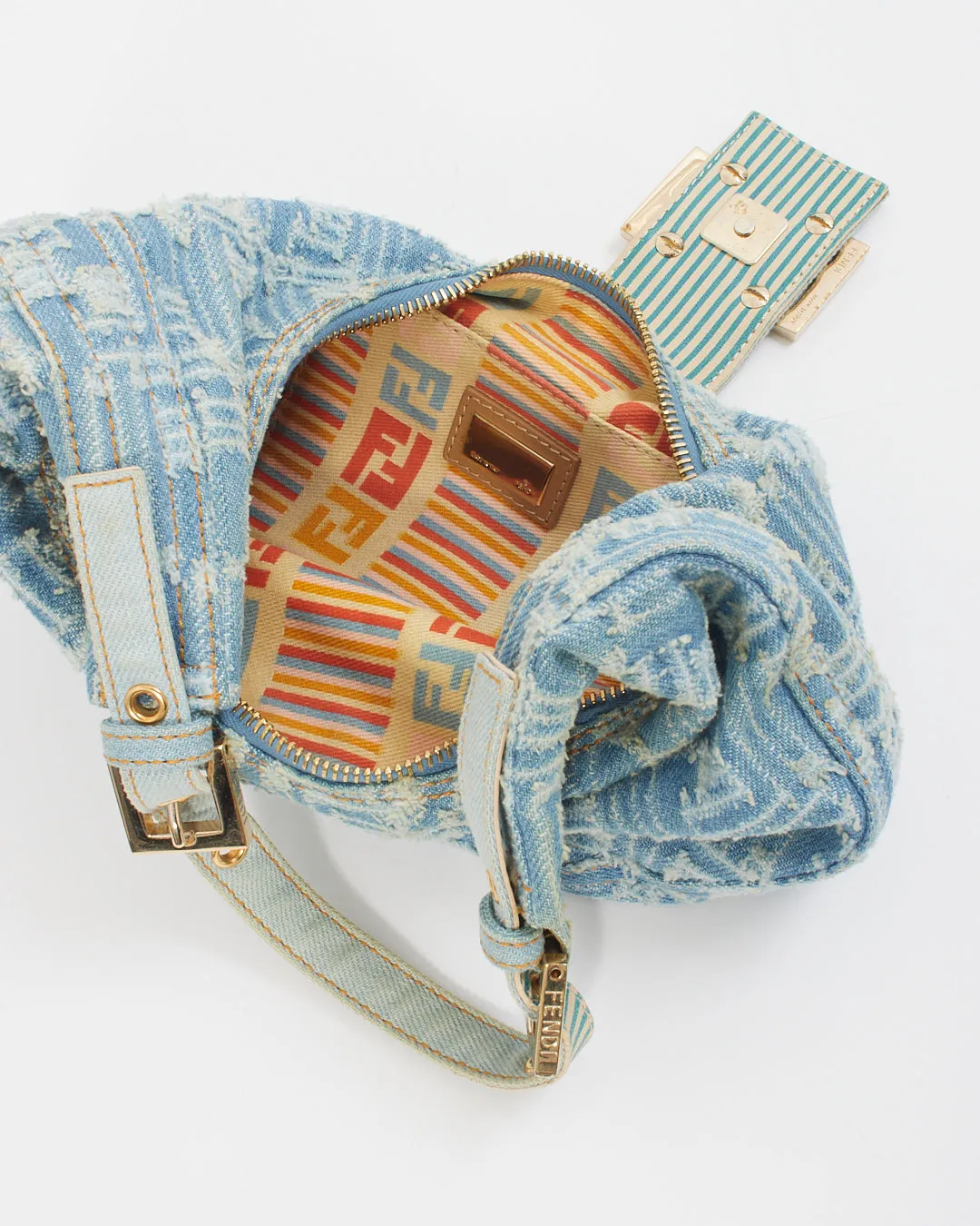 Fendi Blue Denim Zucca Hoop Baguette Shoulder Bag