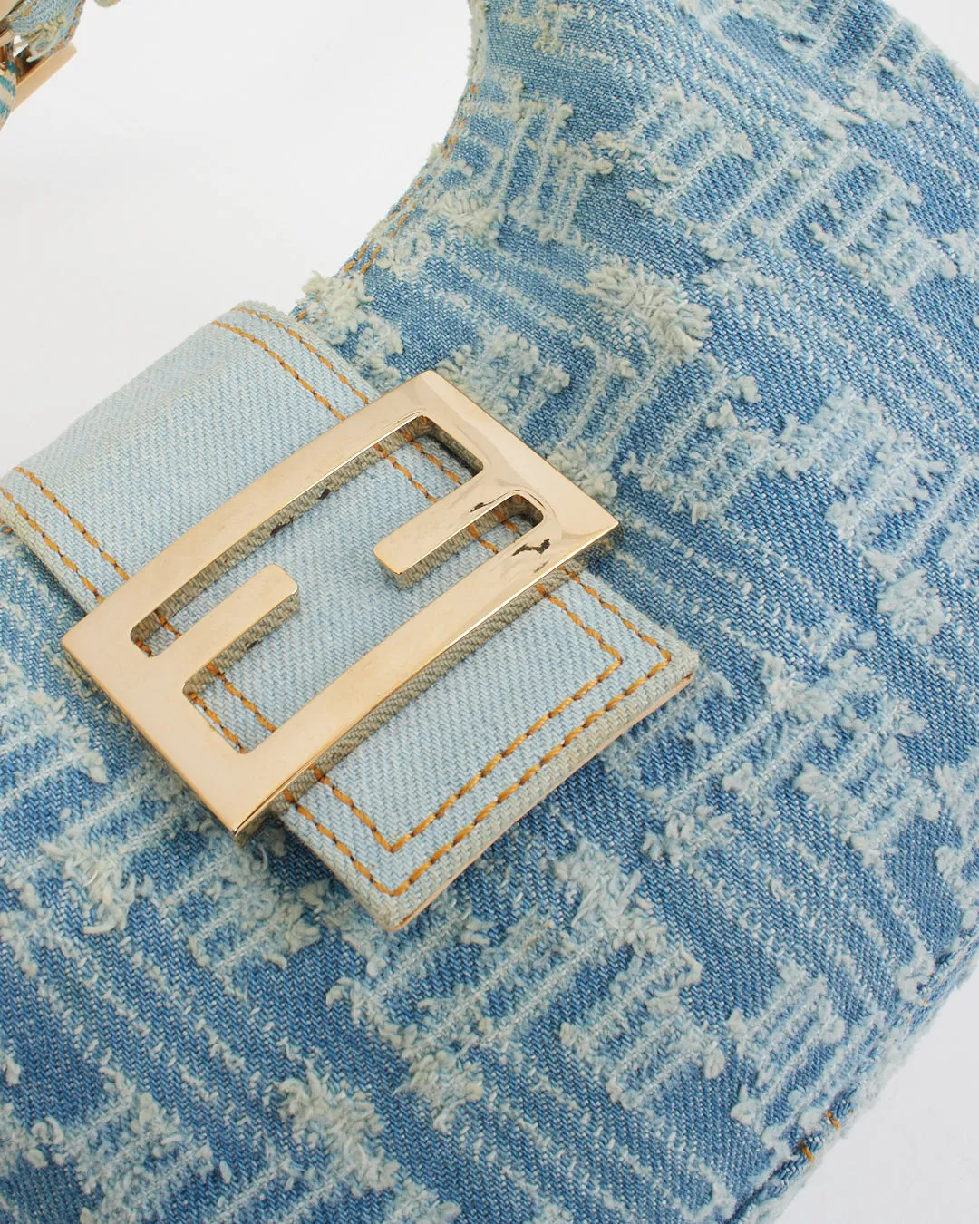 Fendi Blue Denim Zucca Hoop Baguette Shoulder Bag