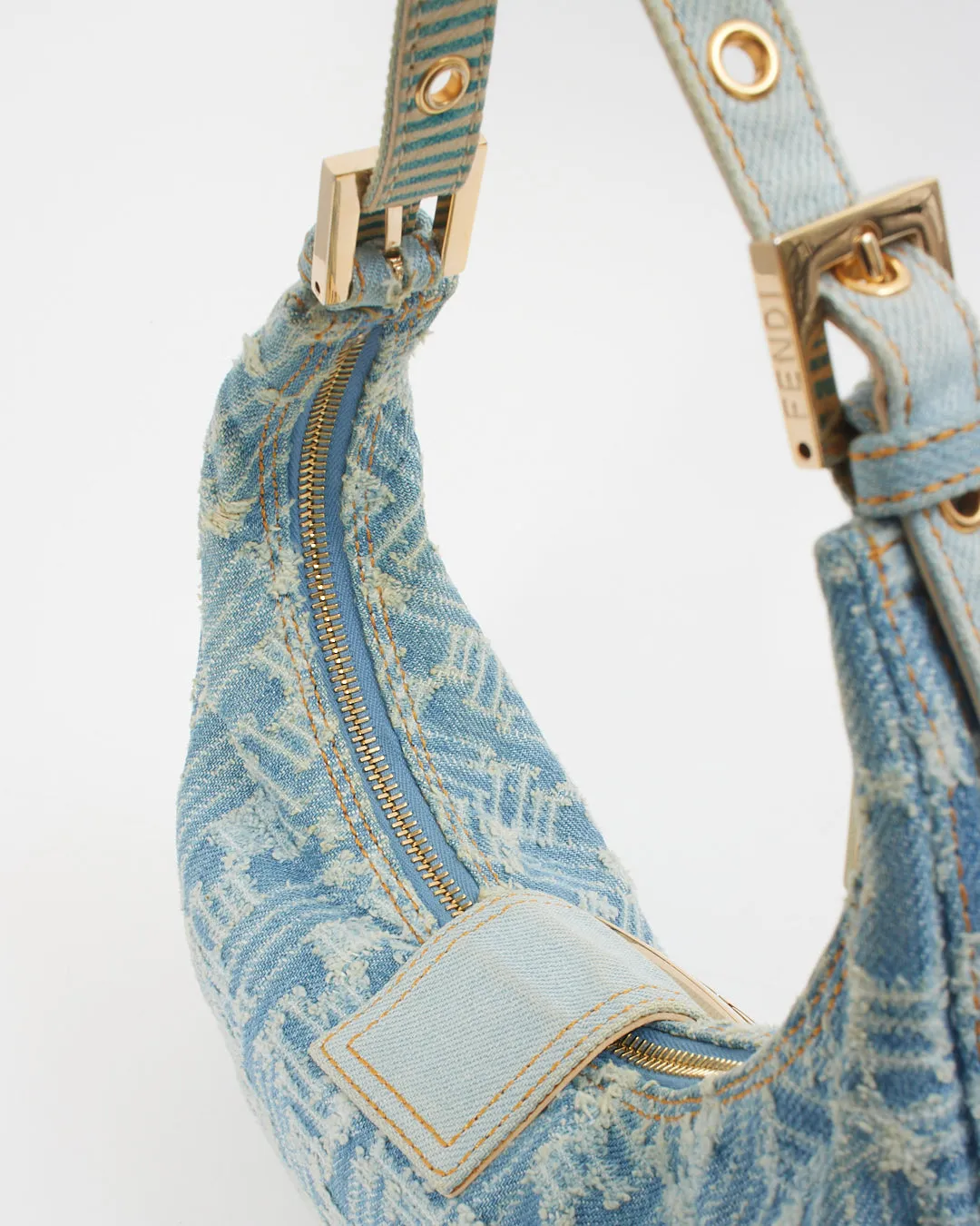 Fendi Blue Denim Zucca Hoop Baguette Shoulder Bag