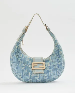 Fendi Blue Denim Zucca Hoop Baguette Shoulder Bag