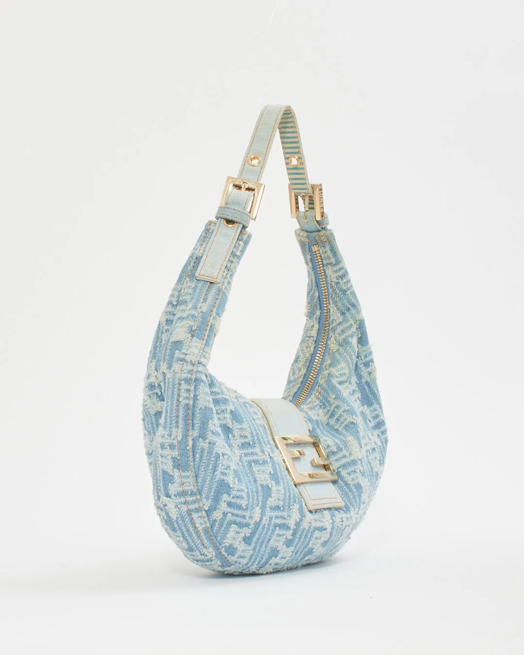 Fendi Blue Denim Zucca Hoop Baguette Shoulder Bag