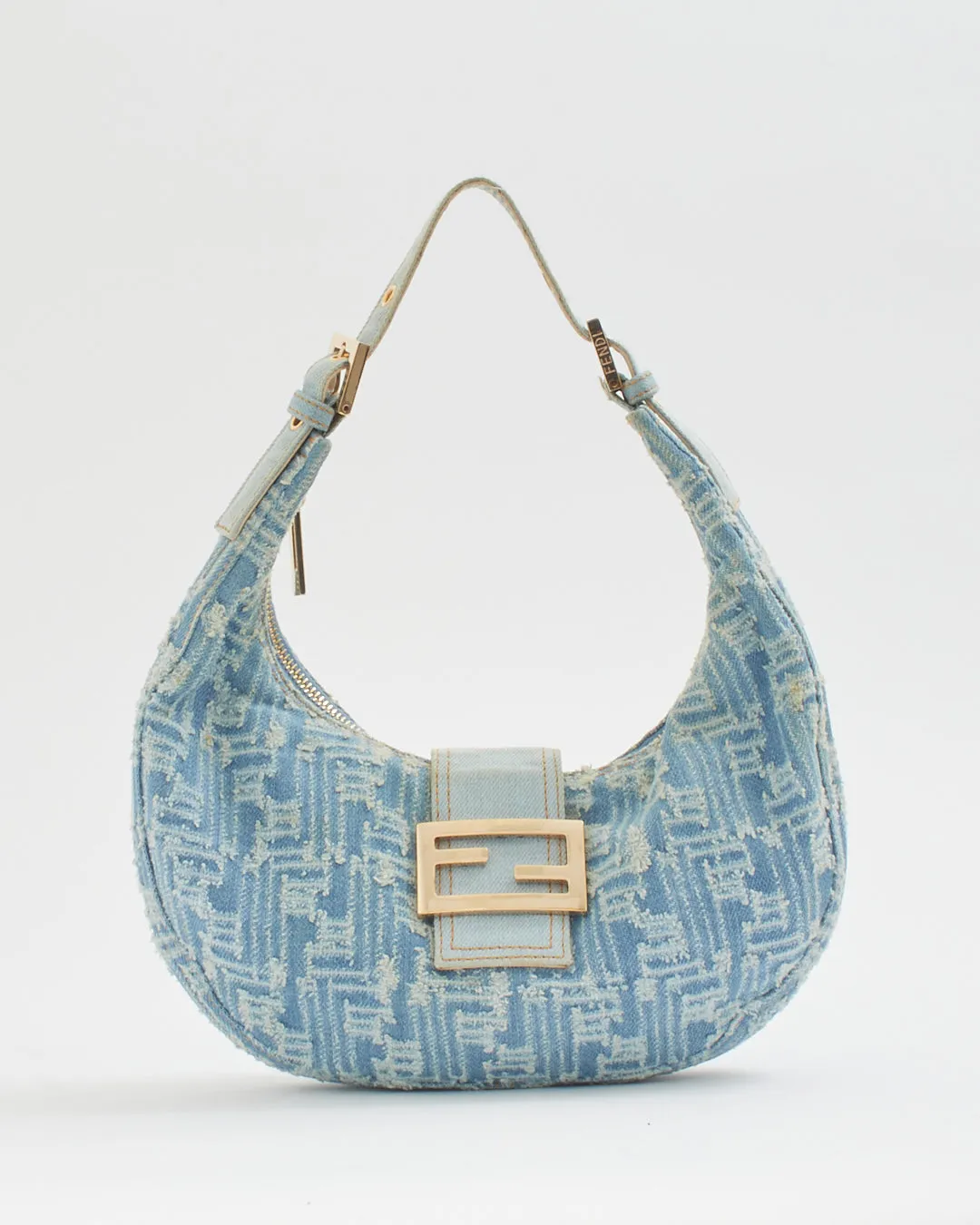 Fendi Blue Denim Zucca Hoop Baguette Shoulder Bag
