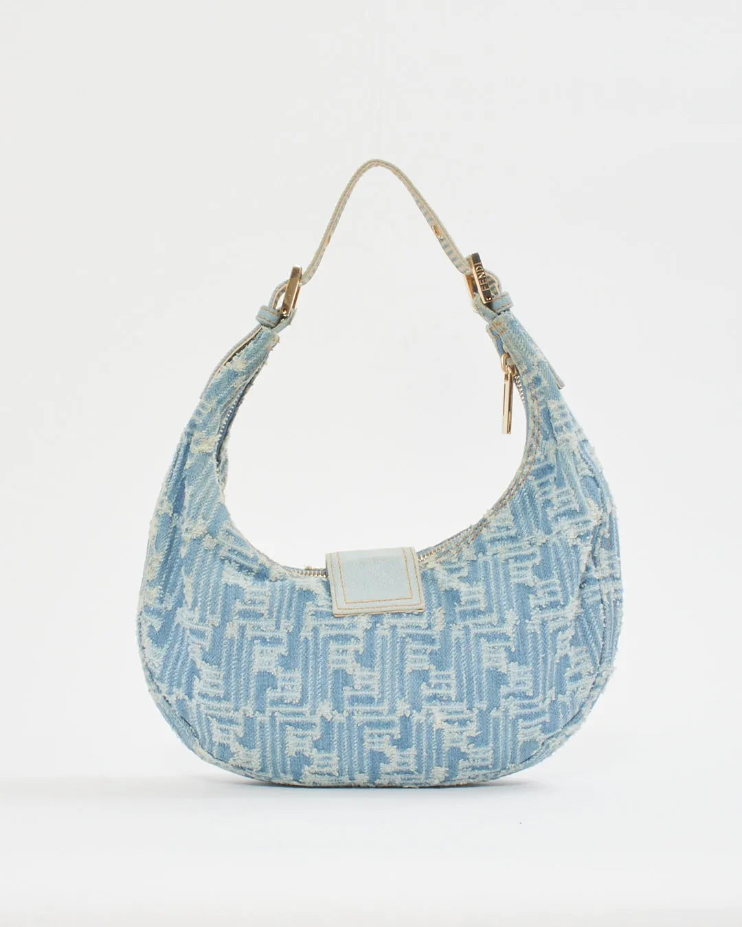 Fendi Blue Denim Zucca Hoop Baguette Shoulder Bag
