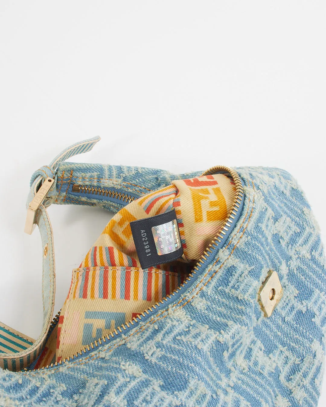 Fendi Blue Denim Zucca Hoop Baguette Shoulder Bag