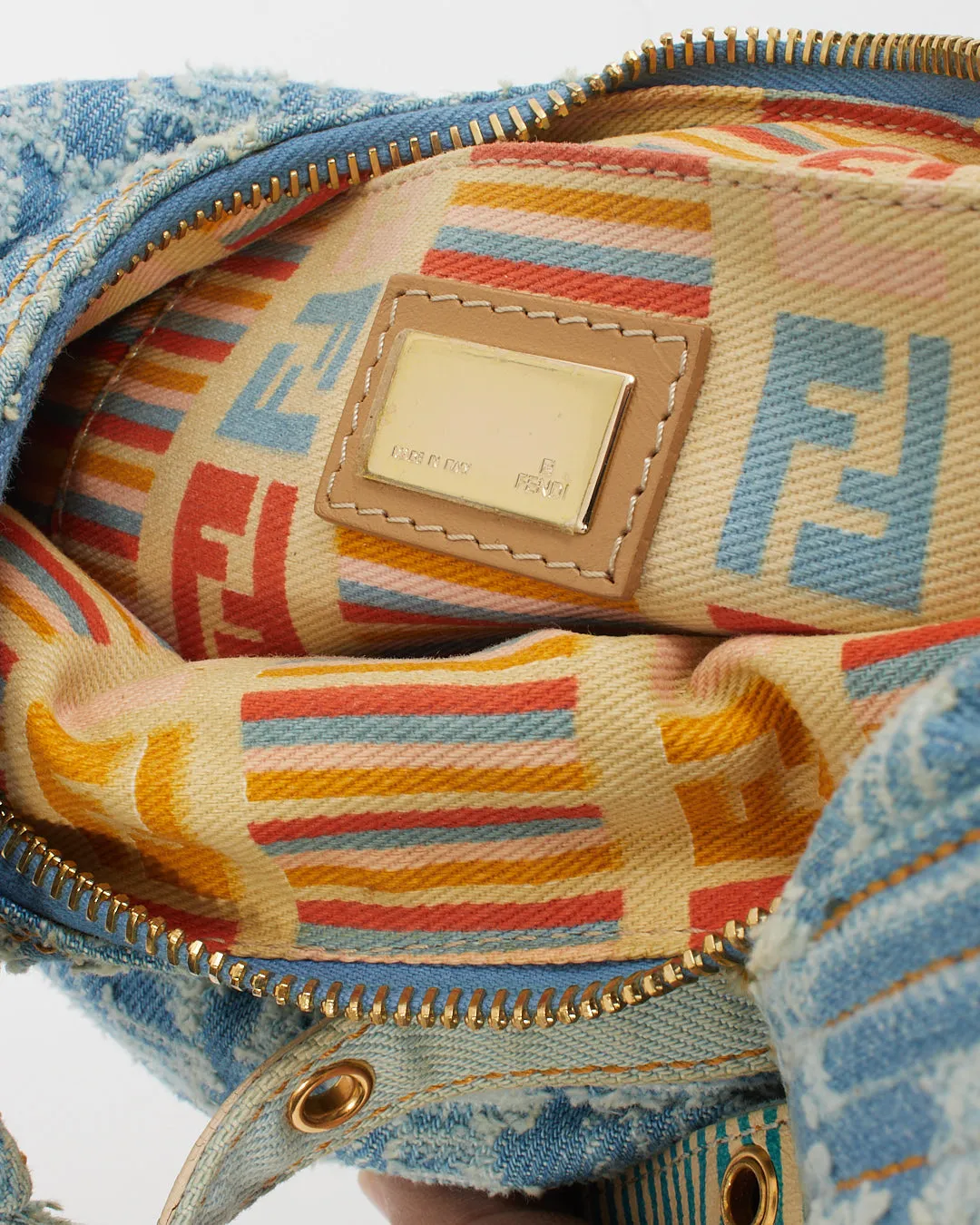 Fendi Blue Denim Zucca Hoop Baguette Shoulder Bag