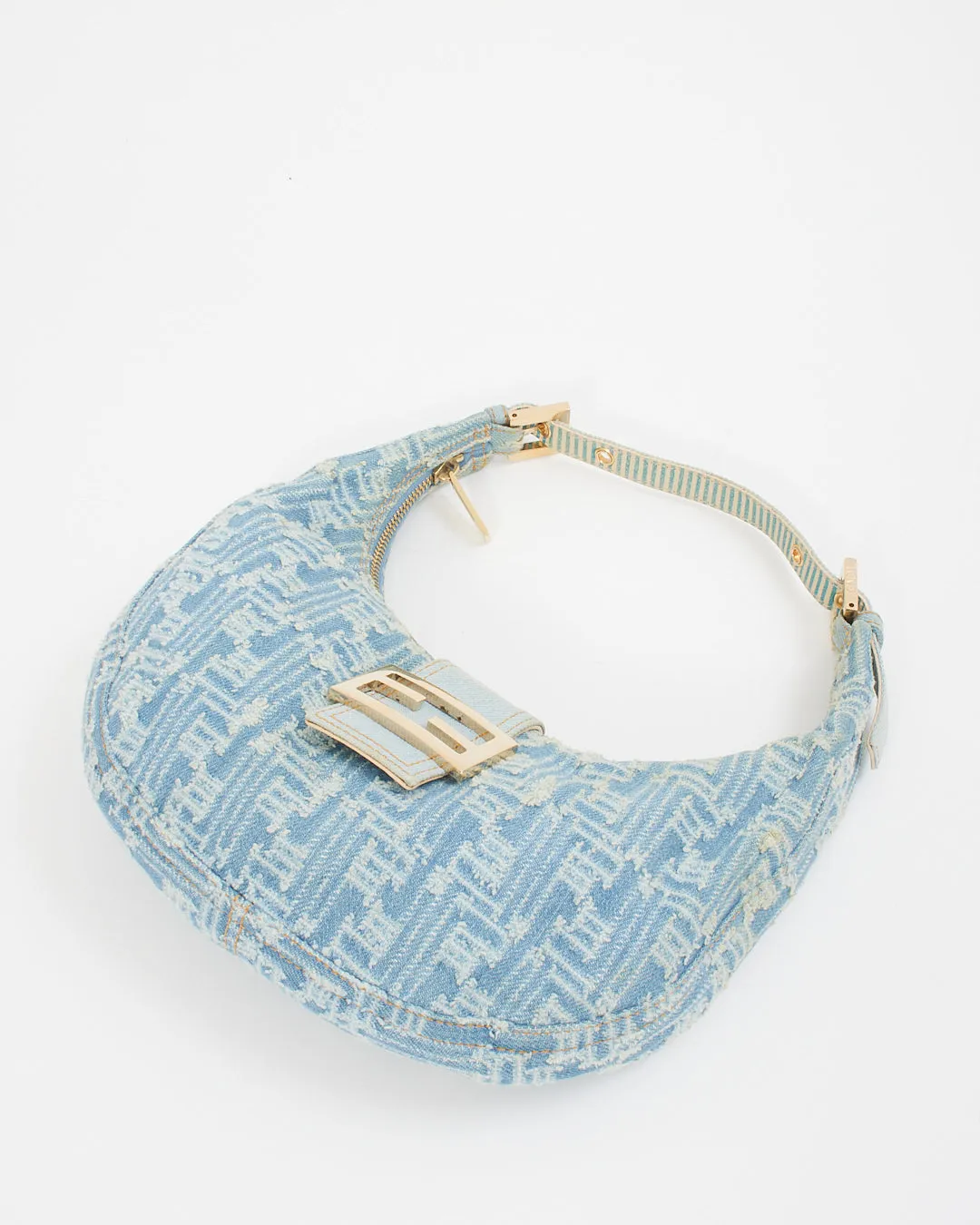 Fendi Blue Denim Zucca Hoop Baguette Shoulder Bag