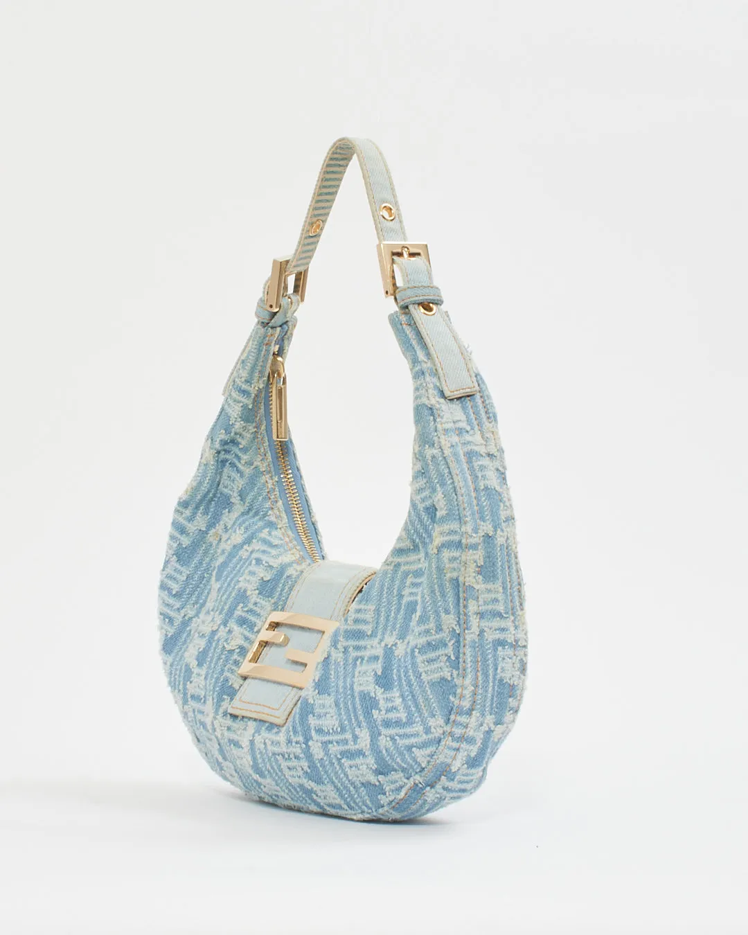 Fendi Blue Denim Zucca Hoop Baguette Shoulder Bag