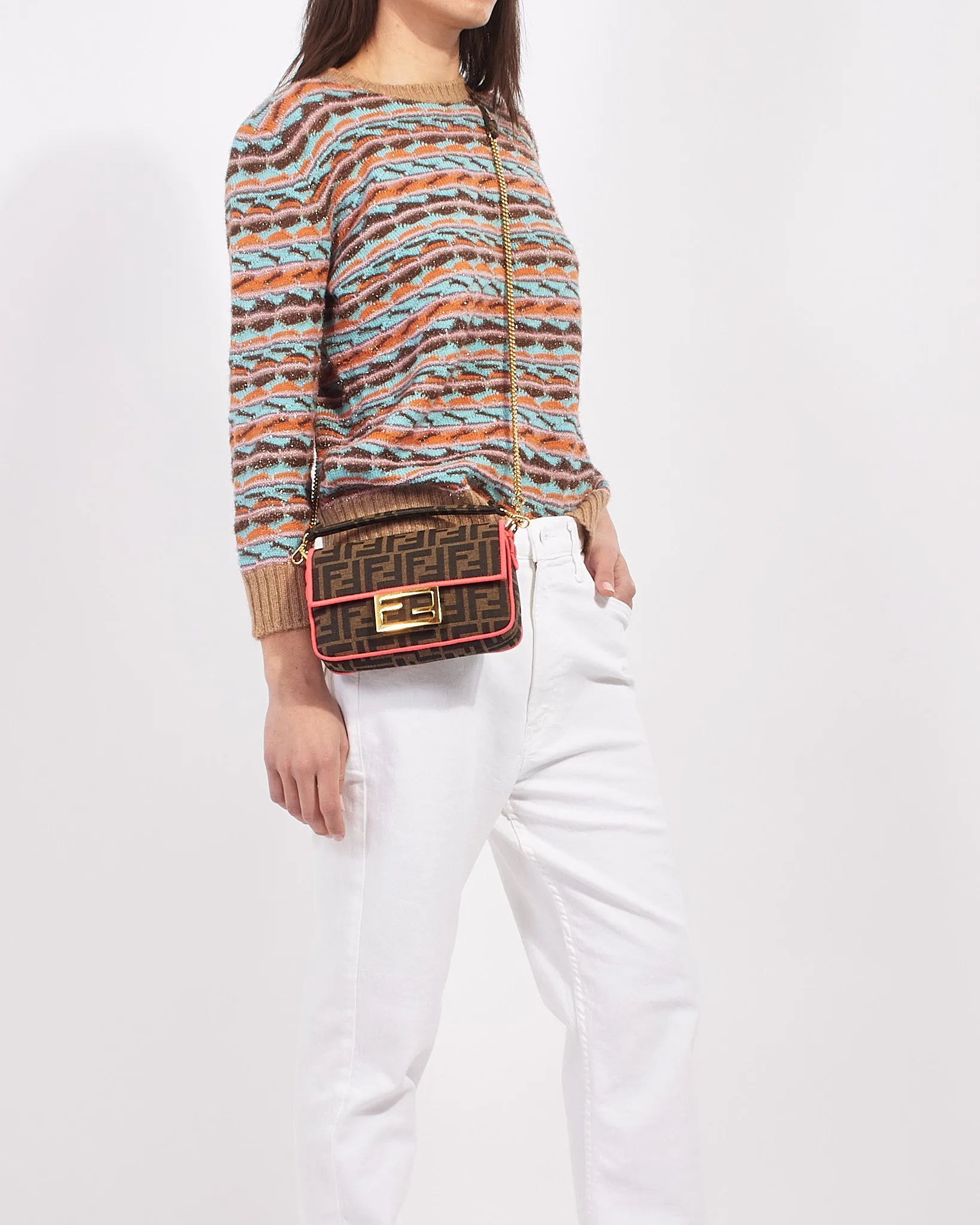 Fendi Brown Canvas Zucca Print with Pink Trim Mini Baguette Bag