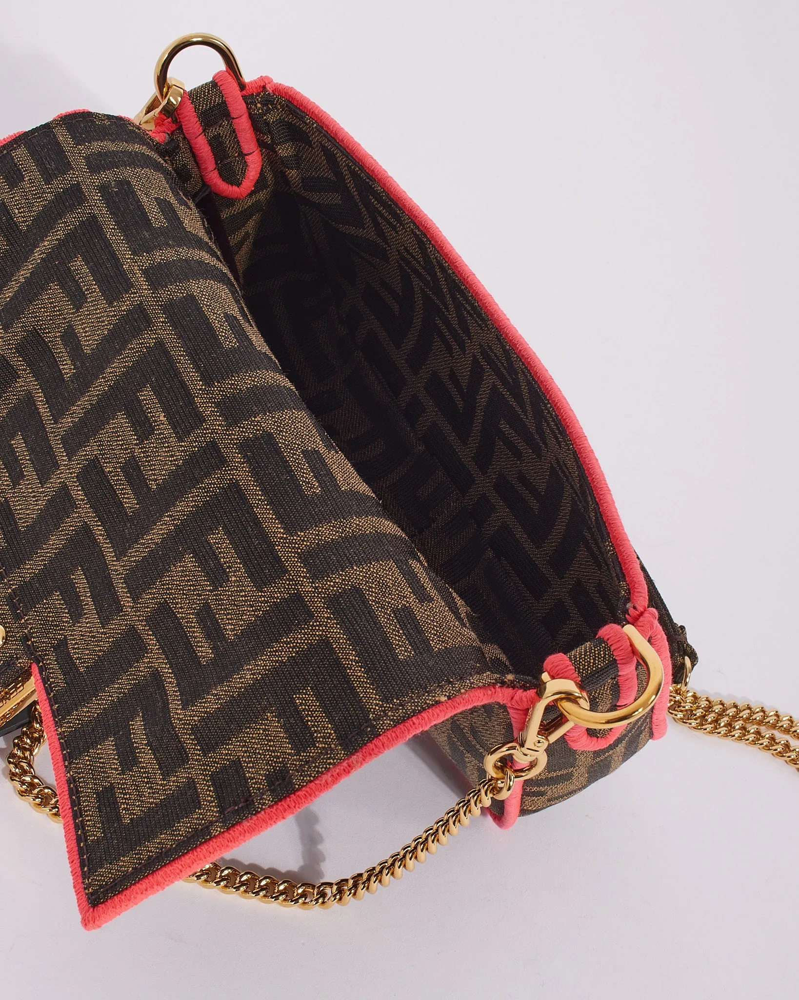 Fendi Brown Canvas Zucca Print with Pink Trim Mini Baguette Bag