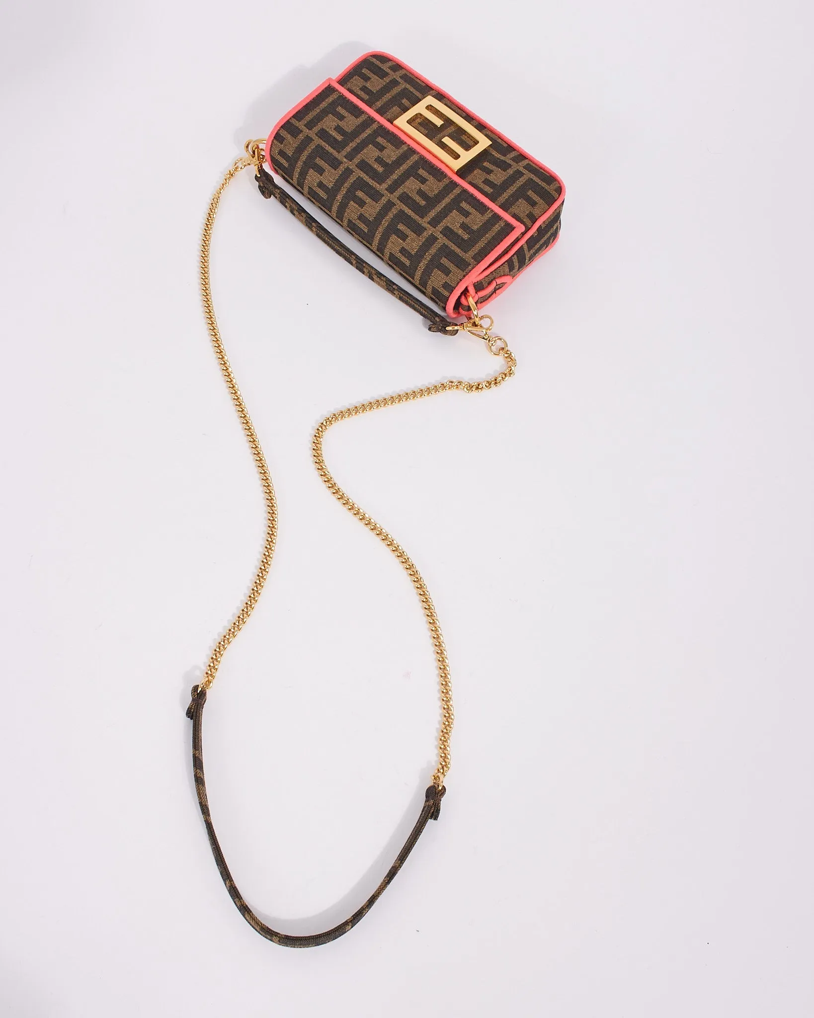 Fendi Brown Canvas Zucca Print with Pink Trim Mini Baguette Bag