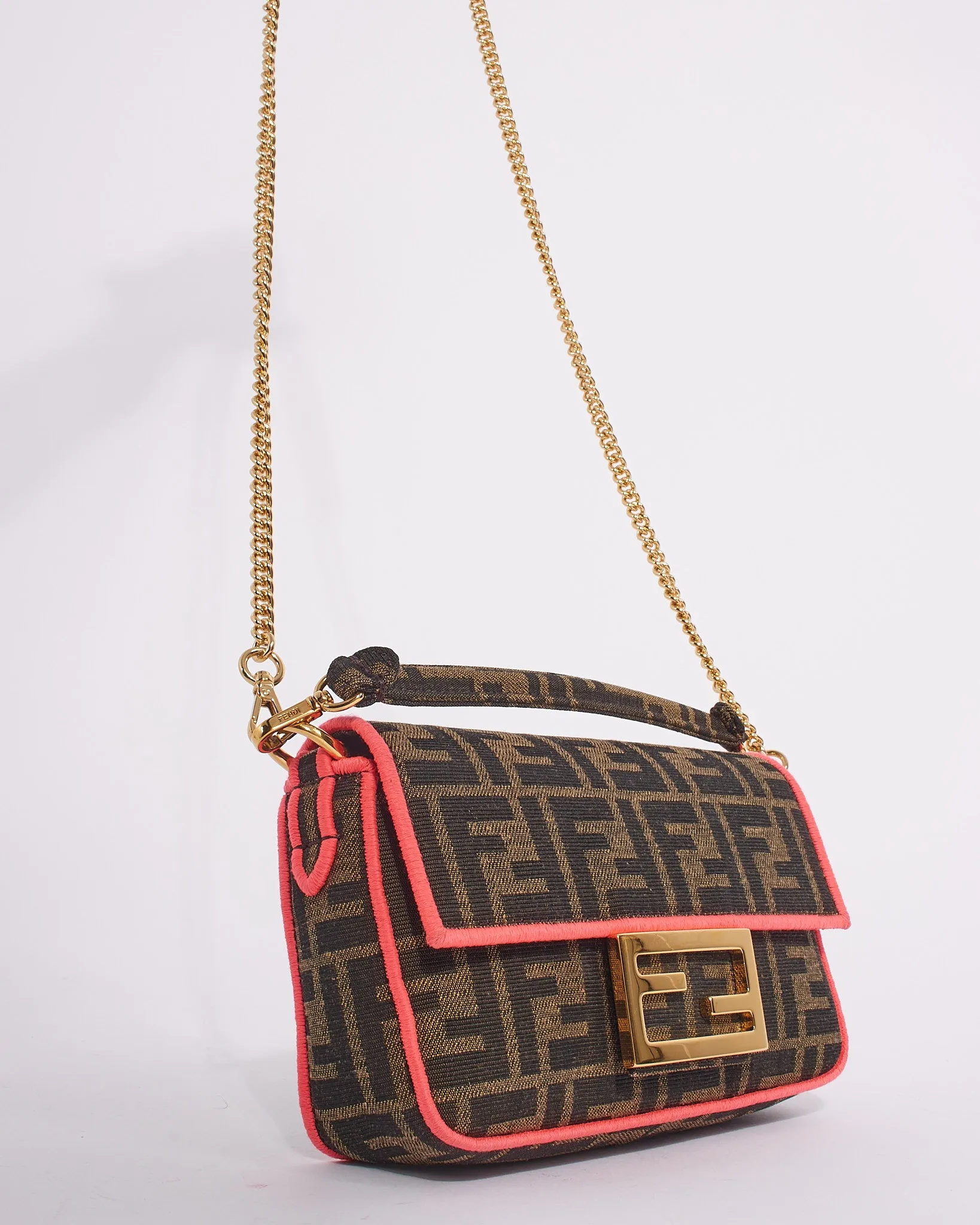 Fendi Brown Canvas Zucca Print with Pink Trim Mini Baguette Bag
