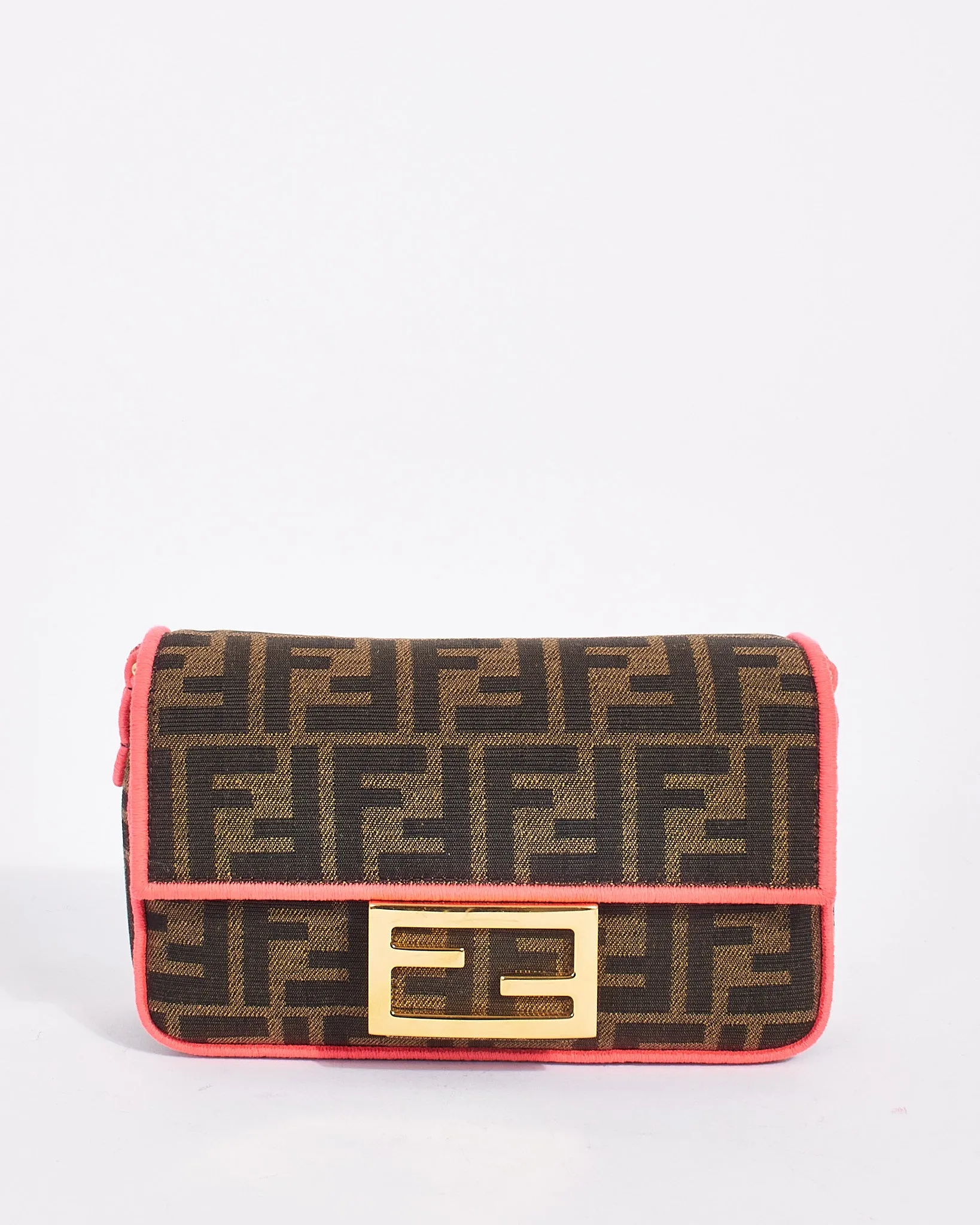 Fendi Brown Canvas Zucca Print with Pink Trim Mini Baguette Bag