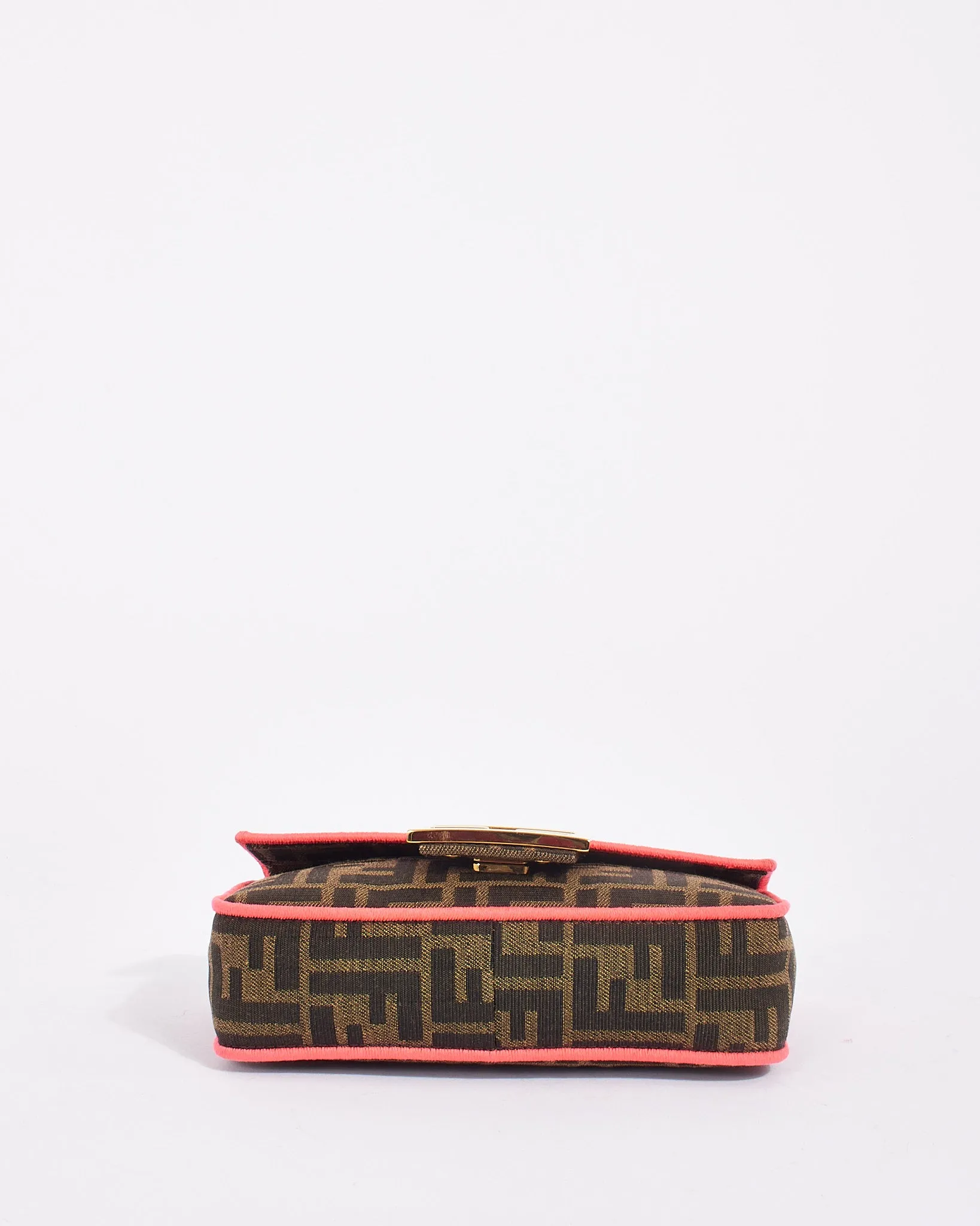 Fendi Brown Canvas Zucca Print with Pink Trim Mini Baguette Bag