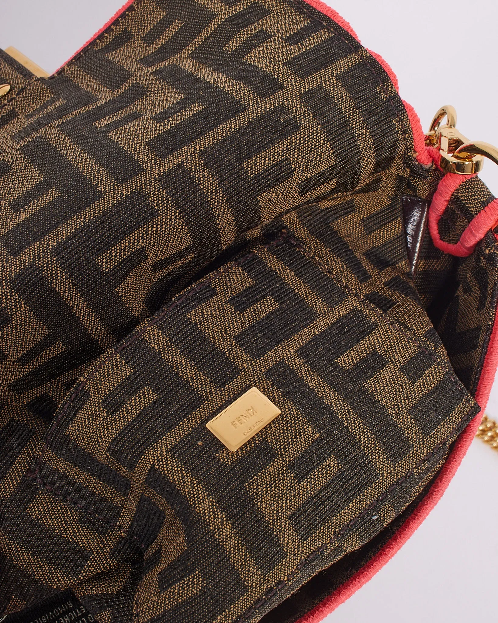 Fendi Brown Canvas Zucca Print with Pink Trim Mini Baguette Bag