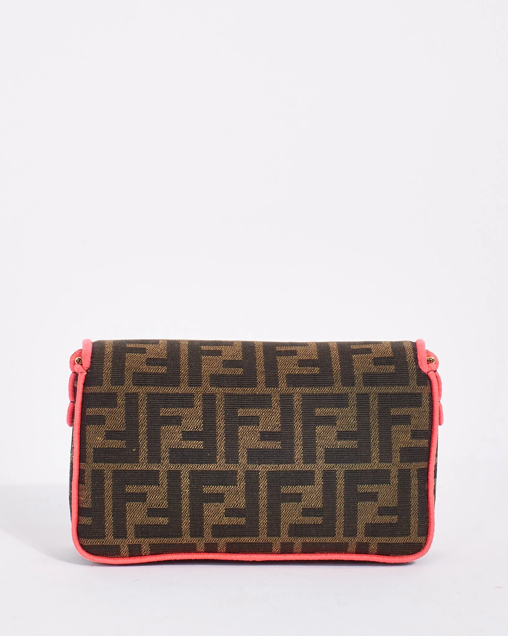 Fendi Brown Canvas Zucca Print with Pink Trim Mini Baguette Bag