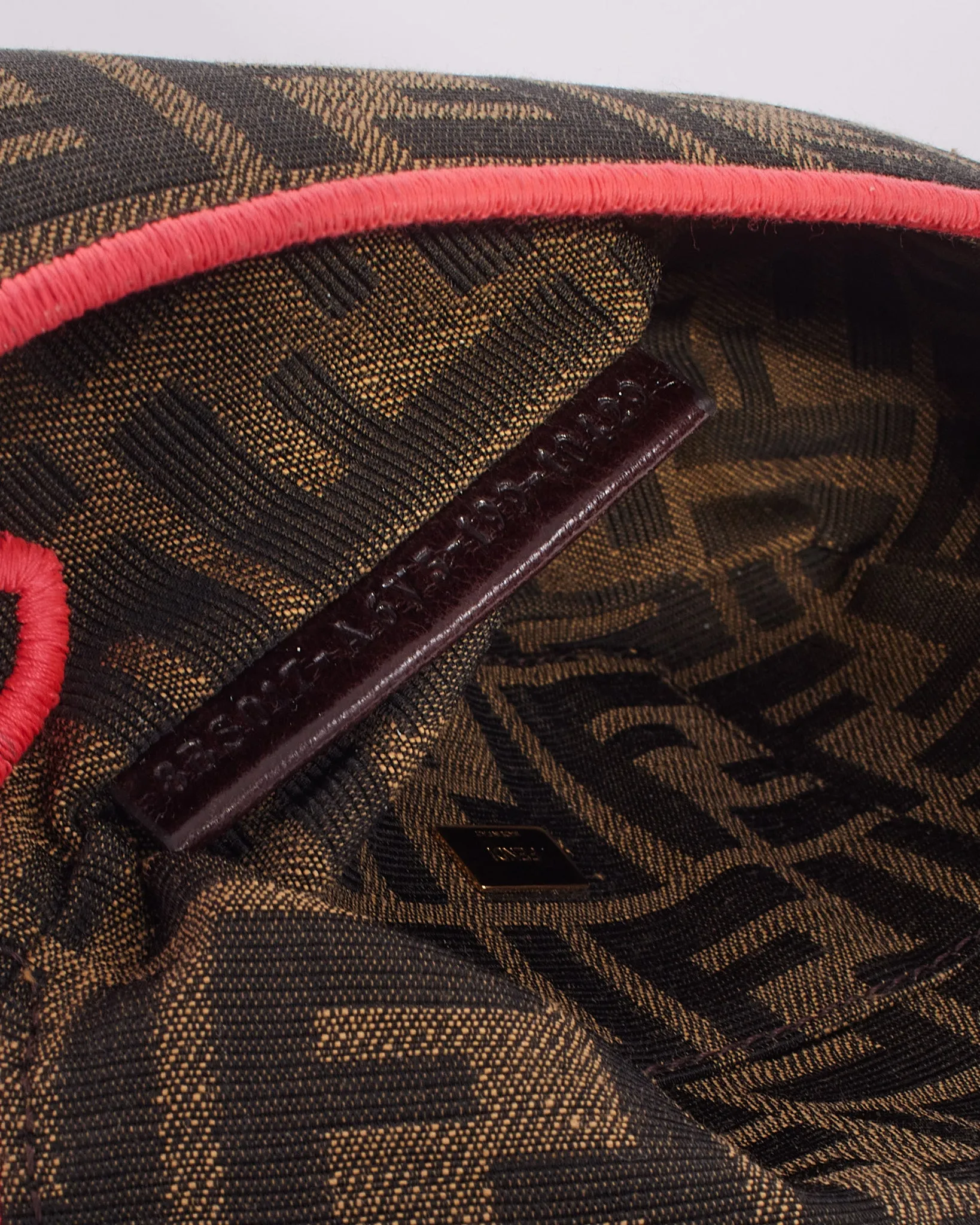 Fendi Brown Canvas Zucca Print with Pink Trim Mini Baguette Bag