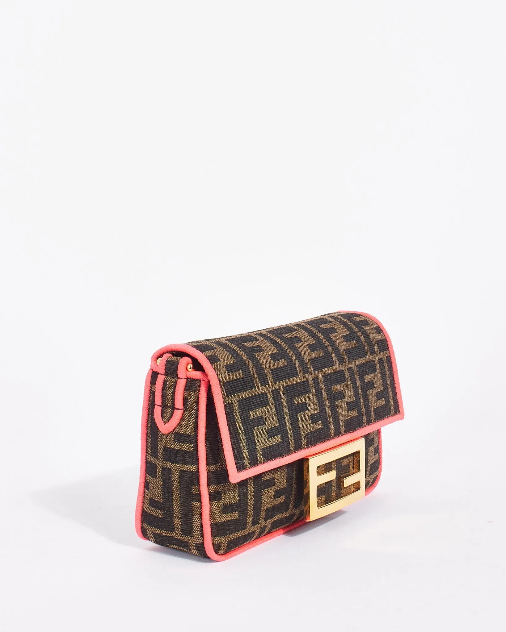 Fendi Brown Canvas Zucca Print with Pink Trim Mini Baguette Bag