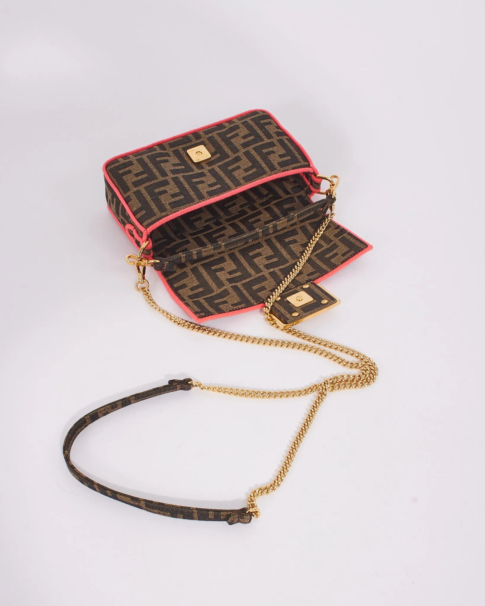 Fendi Brown Canvas Zucca Print with Pink Trim Mini Baguette Bag