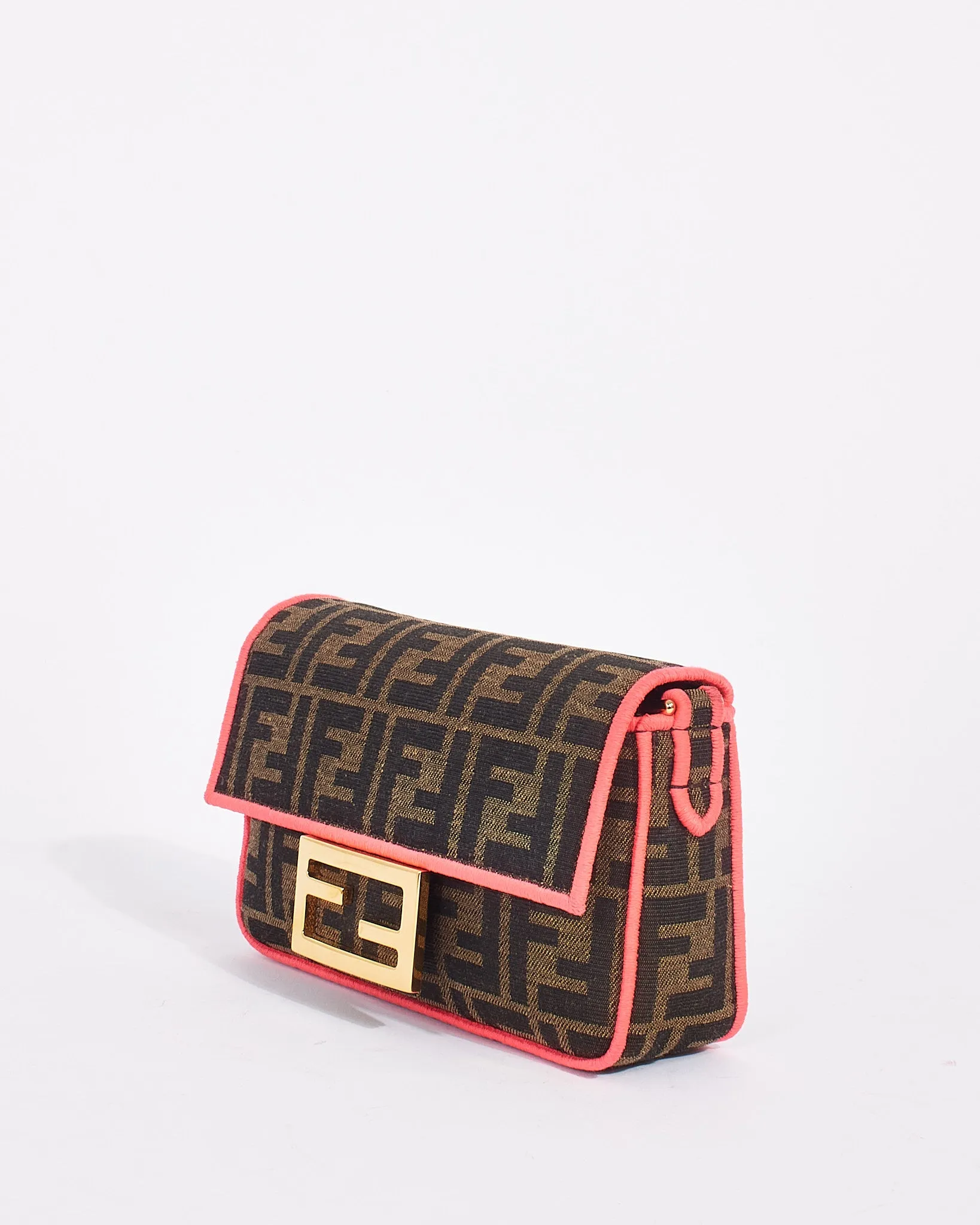Fendi Brown Canvas Zucca Print with Pink Trim Mini Baguette Bag