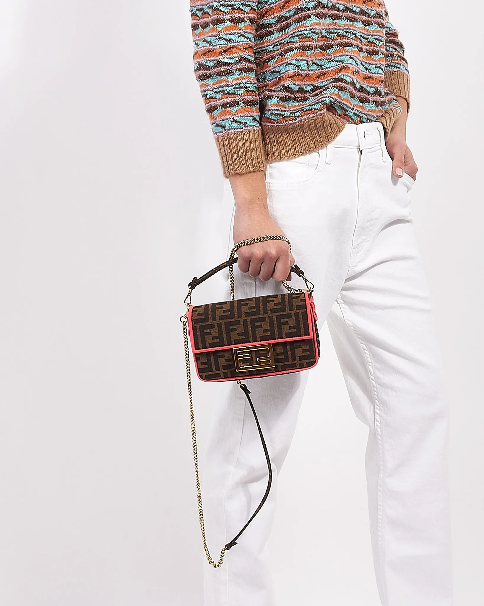 Fendi Brown Canvas Zucca Print with Pink Trim Mini Baguette Bag