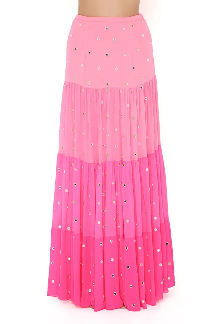 FLORENCE CORAL GEORGETTE EMBROIDERED TOP WITH CORAL AND PINK OMBRE SKIRT