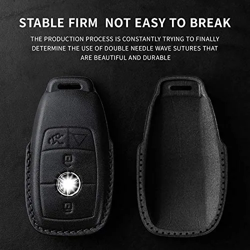 For Mercedes Benz Genuine Leather key fob cover with keychain Compatible with Mercedes-Benz 2019-2021 A-Class C-Class G-Class 2017-2021 E-Class 2018-2021 S-Class Keyless Smart Key Fob(4-Button,Black)