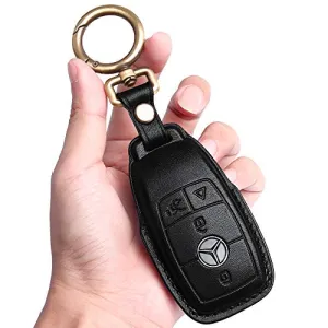 For Mercedes Benz Genuine Leather key fob cover with keychain Compatible with Mercedes-Benz 2019-2021 A-Class C-Class G-Class 2017-2021 E-Class 2018-2021 S-Class Keyless Smart Key Fob(4-Button,Black)