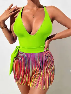 Fringe Hem One Piece Swimsuit With Beach Skirt