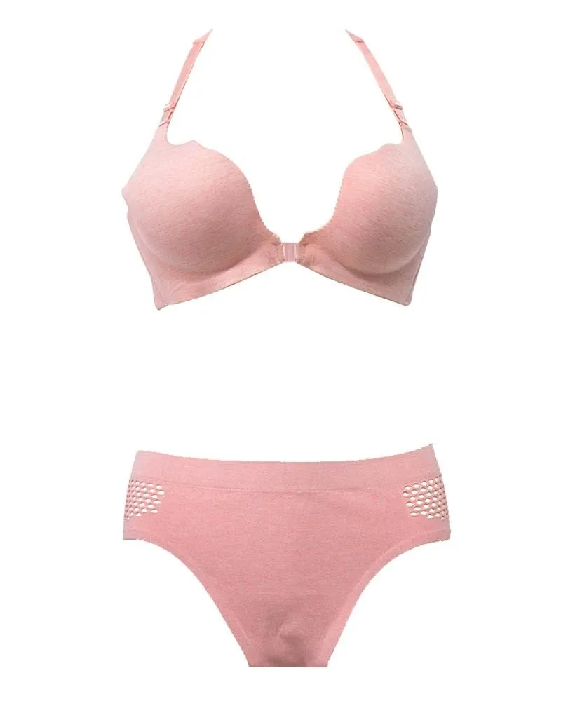 Front Open Seamless Bra Panty Set In Peach For Sports Girls, Women's Sports & Yoga Bra