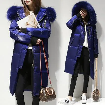 FTLZZ Winter Long Down Jacket Women Big Fur Collar Hooded White Duck Down Long Parkas Coat Female Slim Snow Outerwear