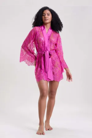 Fuchsia Lace Detail Robe & Thong