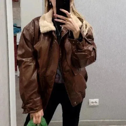 Fur-lined Faux Leather Bomber Jackets - 2 Colors