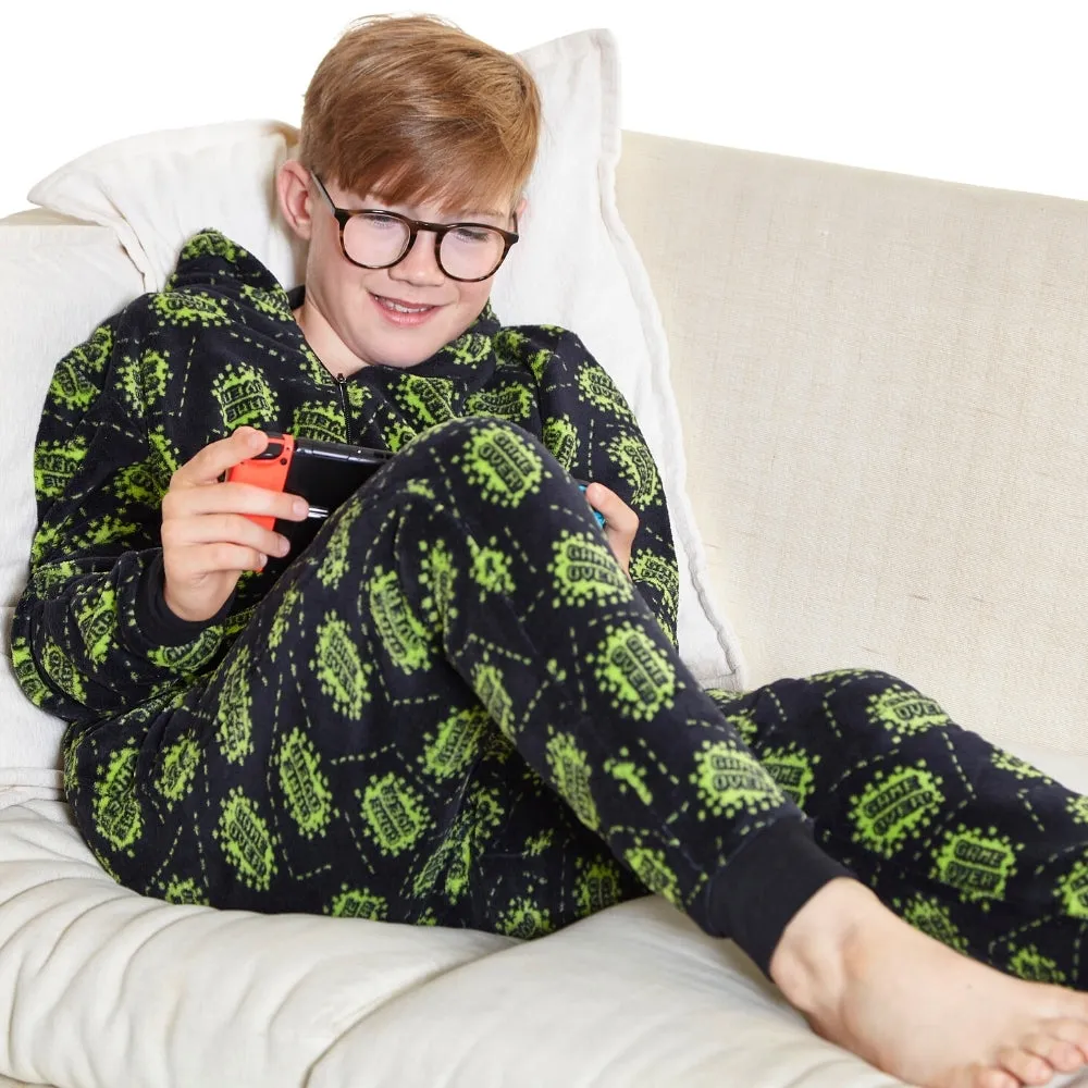 Game Over! Black & Green All Over Print Fleece Onesie