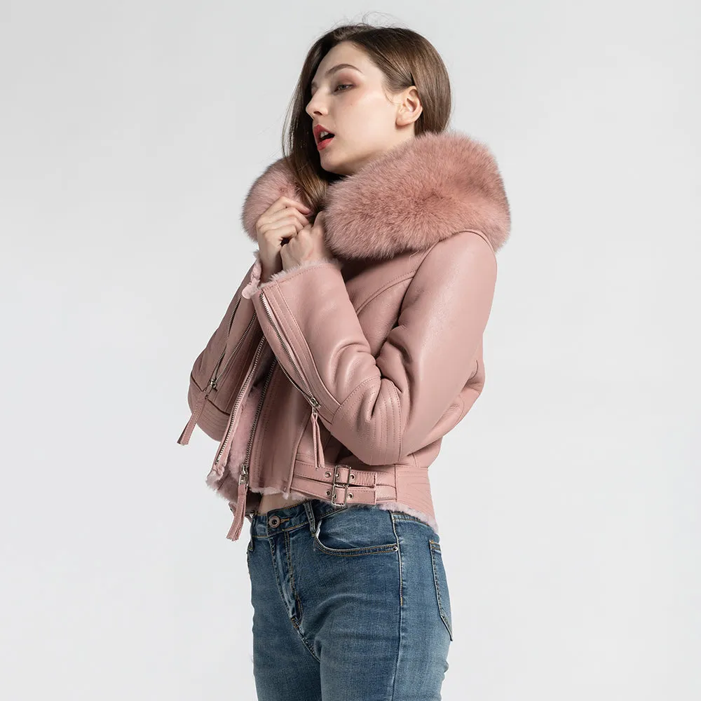 Genuine Leather Coat Real Fur Lined Coat Real Fox Fur Collar Pink Biker Jacket